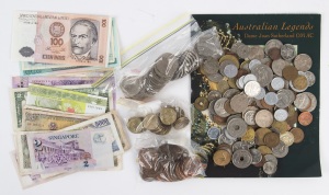 Coins - Australia: Circulated array with $1 (21) & 50c (33) including commemorative types, pre-decimal Pennies (26) mostly cleaned; quantity of foreign minors with emissions from Hong Kong, New Zealand & PNG noted, some foreign banknotes including issues from Brazil, Peru & Vietnam, plus an Australian Legends stamp pack.