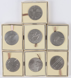 Coins - World: Israel: 1960s-1970s State Medals in sterling silver, each 59mm diameter, weights between 113 and 116gr, comprising 1969 "El Al", 1971 The Knesset, 1976 Operation Jonathan, 1976 United Jewish Appeal, 1976 "Let My People Go", 1976 Mateh Yehuda & 1977 Masada; Unc, total weight 800gr. (7)