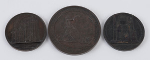 Medallions & Badges: MEDALLIONS: comprising 1879 Sydney International Exhibition in bronze (75mm diameter, weight 220gr) by J.S. & A.B. Wyon; Germany c.1849 Cathedral at Aachen (59mm diameter, weight 89.5gr) and 1856 St Apollinaris Church at Remagen-on-Rhine (59mm diameter, weight 88.9gr, rim dent), both by Jacques Wiener in bronze. (3)