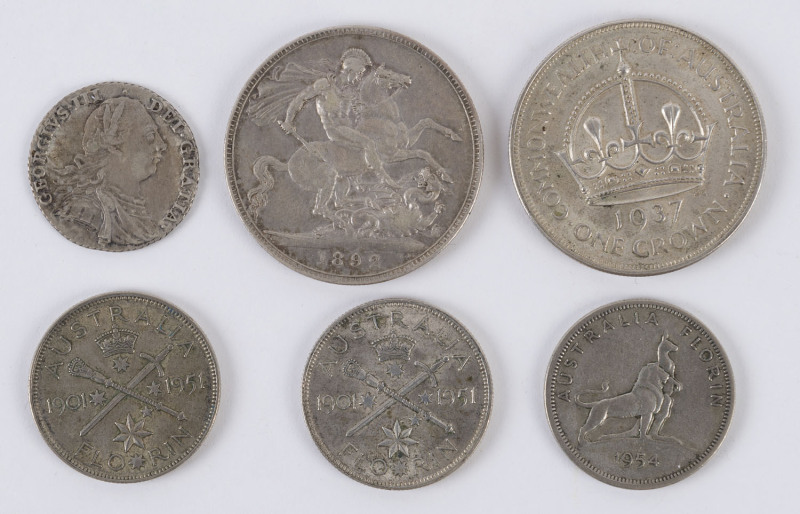 Coins - Australia: Pre - Decimal Silver: Small selection with 1937 Crown, 1951 (2) & 1954 florins; also Great Britain 1899 Crown and 1787 George III shilling; condition variable. (6 items)