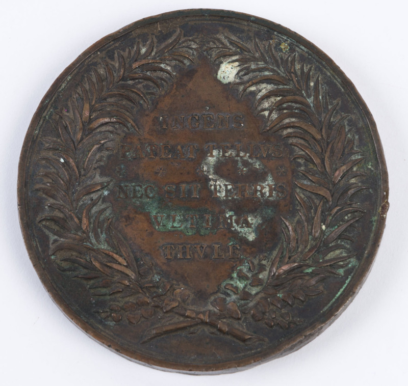 Medallions & Badges: MEDALLIONS: 1875 Third InterColonial Exhibition bronze 70mm medallion by Stoke & Martin, obverse inscribed 'MELBOURNE 1875' & 'PHILADELPHIA 1876' showing explorers besides globe with rising sun above, reverse with wreath surrounding