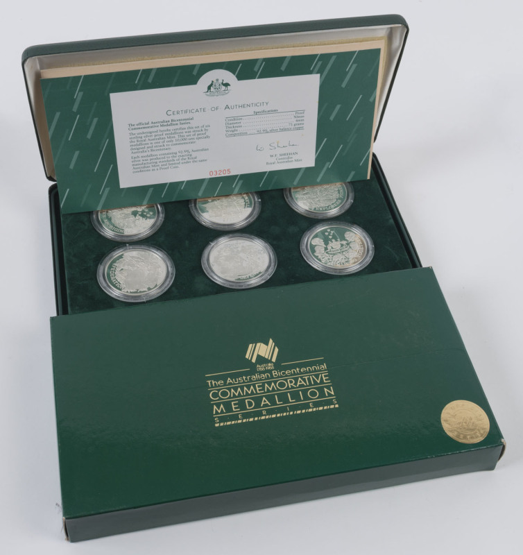 Coins - Australia: Silver: 1988 Australian Bicentennial Commemorative Medallion Series set of 6 medallions in 92.50% sterling silver, each weighing 71gr, in original presentation case, with box and Certificate of Authenticity.