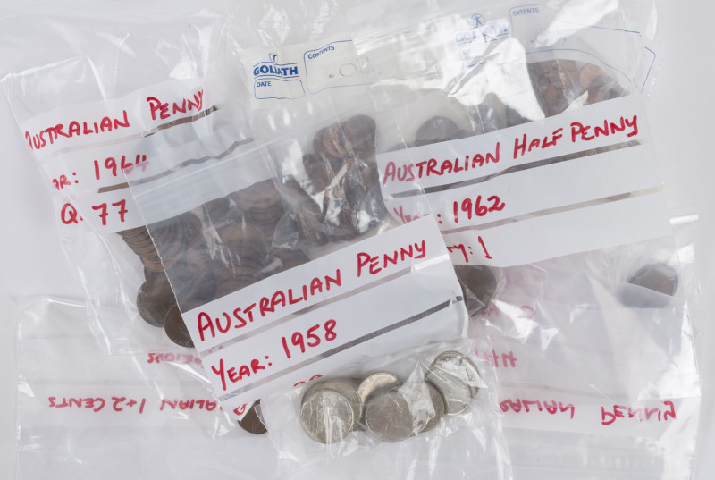 Coins - Australia: Accumulation with circulated silver 50c Rounds (14), also Pennies 1944 (3), 1958 (29), 1964 (77), quantity of 1c & 2c coins, etc. (few 100s)