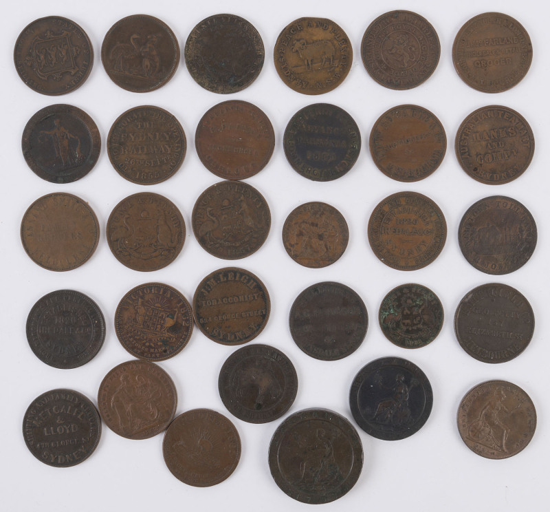 Coins & Banknotes: Trade Tokens TOKENS: Mostly Australian Colonial selection of predominantly 1d tokens with Davies, Alexander & Co (2; Goulburn), Annand Smith (grocers, Melbourne), Parker (ironmonger, Geelong), Iredale (2; iron merchants, Sydney), Leigh