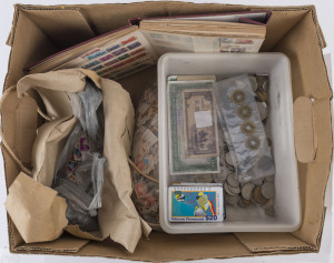 Coins - World: WORLDWIDE ARRAY: with some heavily circulated 19th British pennies, Australian silver to 1/-, world minors, few banknotes; also STAMPS with 3kg of Australia 1970s-90s letter-rate definitives kiloware, world stamps in stockbook, plus PHONECARDS with bundle of used Telecom issues to $20. (qty).
