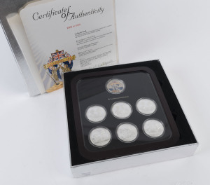 Medallions & Badges: AUSTRALIA: 2006 "Sands of Gallipoli" medallion set, comprising 7 proof quality medallions minted with a polished silver finish plus a vial of Gallipoli sand, housed in original presentation box; limited edition, with CofA, numbered #893 of 10,000 issued.