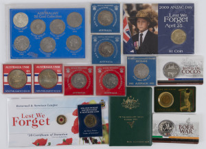 Coins - Australia: Uncirculated decimal selection with "Australian 50 Cent Collection" of seven 1966-91 coins including 50c Round, 1981 50c Royal Wedding (4), RAM 1982 Brisbane Commonwealth Games 1c to 50c coin set, plus a single 1982 Brisbane 50c, 1988 $5 New Parliament House (2), 1996 $5 Bradman bi-metal coin, 1996 $1 Parkes, 2009 $1 Lest We Forget, 2012 Lest We Forget $2 "Red Poppy" with RSL packaging (Retail $150+), 2014 50c Battle of Cocos & 50c Boer War; all housed within original packagi