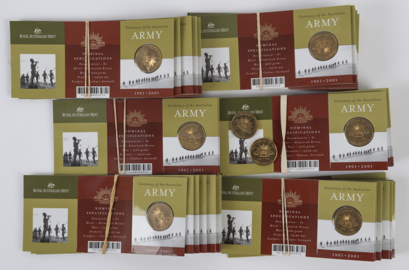 Coins - Australia: One Dollar: 2001 RAM "Centenary of the Australian Army" uncirculated $1 Coin in presentation folders as issued, some coins are breaking loose from packaging, Retail $270. (54)