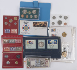 Coins & Banknotes: General & Miscellaneous Lots: MISCELLANY: Oddball selection with Australia 1924 "For King And Country" medallion, 1982 1c to 50c Proof Coin set, 1988 $5 Parliament House commemorative coin, Canada 1968 1c to $1 uncirculated coin set, V