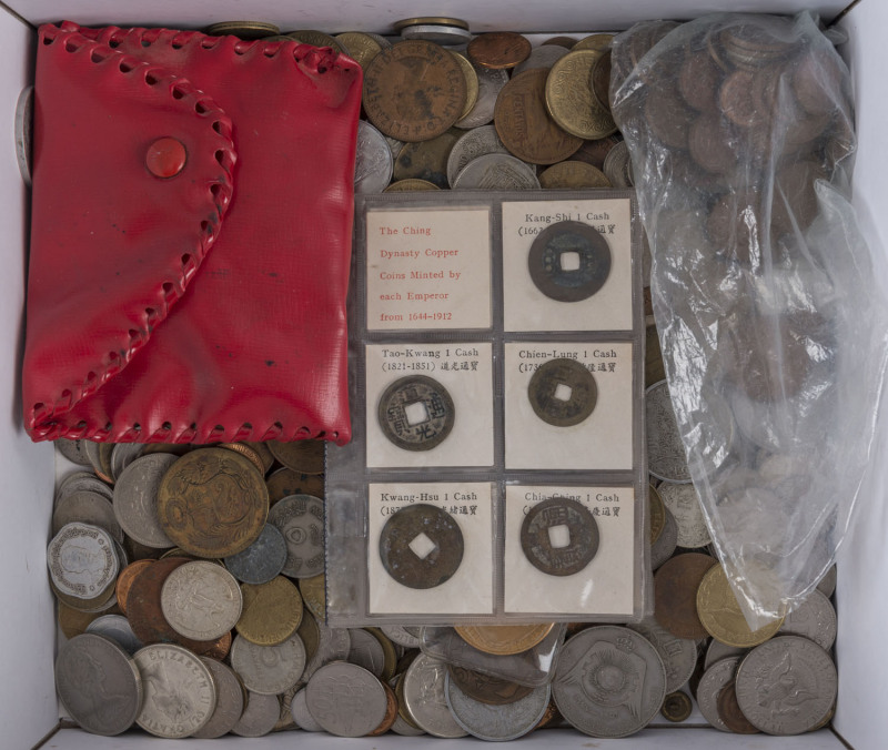 Coins - World: WORLD ACCUMULATION: Fascinating assortment including Chinese 1660s-1960s issues in presentation wallet, Australian pre-decimal pennies in red purse, plus a diverse array of circulated world coins with emissions from many countries; weight