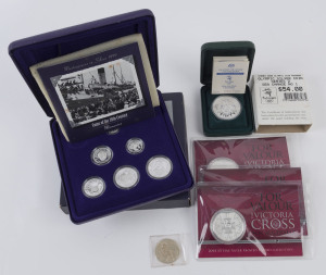 Coins - Australia: Silver: Selection with RAM 1999 Masterpieces in Silver "Coins of the 20th Century" proofs in presentation box (Retail $200+), Sydney 2000 silver $5 "Sea Change No 1" and 2014 1oz silver $5 "For Valour/Victoria Cross" (3, Retail $70 each). (5 items)