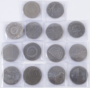 Coins - World: Israel: 1960s-70s State Medals in sterling silver (14), each 45mm diameter, including for 1961 Bar Mitzvah, 1965 Hebrew University, 1973 Israel's 25th Anniversary, 1974 Technology Institute, 1975 University Hospital & 1978 Museum of Jewish Diaspora; average weights between 39 and 47gr. Unc, total weight 620gr. (14)