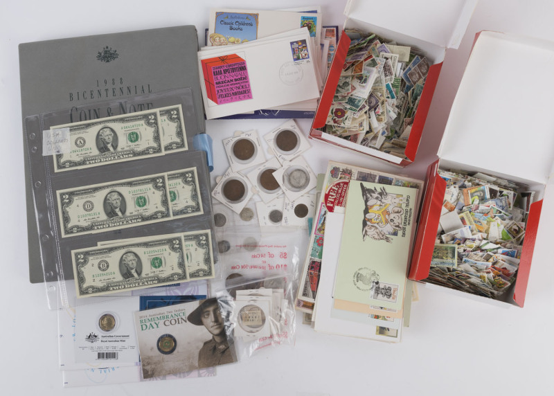 Coins & Banknotes: General & Miscellaneous Lots: Selection with Australia 1988 Bicentennial Coin & Note Collection (retail $120+), 1994 Fraser/Evans $5 & $10 banknotes with Matched Low Serial Numbers (retail $120+), 2014 Remembrance Day (Dove) $2 and 201