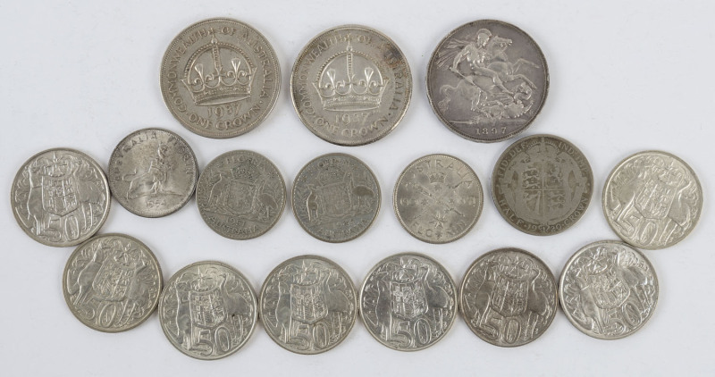 Coins - World: ASSORTMENT with AUSTRALIA pre-decimal silver incl. Crowns 1937 (2), Florins (6), plus decimal 50c Rounds (10), GB 1897 Crown, 1887 Florin, & 1920 Half-Crown; other world coins incl. CANADA 1859 one cent; also modern commemorative coins and