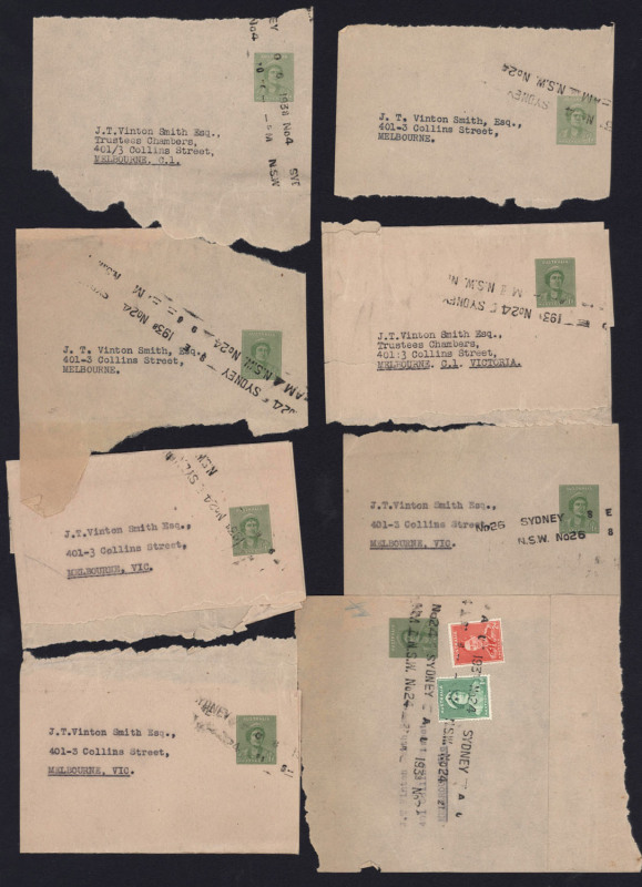 AUSTRALIA: Postal Stationery: Wrappers: PTPO Wrappers: 1938-41 1d Green Queen Elizabeth Letterpress part or large-part wrappers (8, range of shades, one uprated), all with typed addresses to Melbourne stockbroker Vinton Smith, likely user therefore Stock