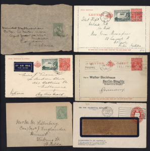 AUSTRALIA: Postal Stationery: 1913-60s selection with Envelopes (12) comprising 1940s-1960s window envelopes mostly for Commonwealth Treasury/Sub-Treasury; Lettercards (9) with KGV 1½d Red (4) one uprated with 3d Airmail, 2d Red (4) one uprated with 3d A