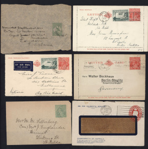 AUSTRALIA: Postal Stationery: 1913-60s selection with Envelopes (12) comprising 1940s-1960s window envelopes mostly for Commonwealth Treasury/Sub-Treasury; Lettercards (9) with KGV 1½d Red (4) one uprated with 3d Airmail, 2d Red (4) one uprated with 3d Airmail and 'TWO/PENCE' on 1½d; Wrappers/ Wrapper Fronts (13) incl. 1913 use of ½d Kangaroo from York (WA) to "Wounded West Australians" c/o Sir Newton Moore (ex WA Premier) in England, 1915-18 KGV ½d Green (2) one with "White flaw on King's head