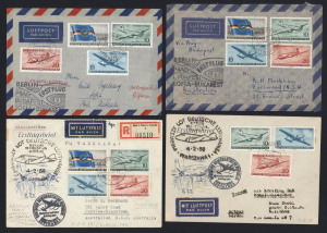 GERMANY: EAST GERMANY: 1950s-60s issues on cover, on piece, or used off-piece including multiples, many items with commemorative or FDI cancels including 1950 Academy set on piece, 1951 Spring Fair set on piece, 1952 Peace Conference blocks of 10 used, 1953 Marx set in sheet value blocks of 4, 1955 Lufthansa complete sets on three flight covers (one registered), 1955 Engels M/S used, 1956 Mozart on two FDCs and on (2nd day) registered cover, etc; few condition issues, generally fine. Nice lot.