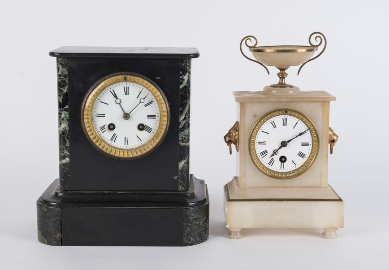 A French marble cased mantel clock with 15 day time and strike movement, together with a French alabaster cased time piece table clock, 19th century, (2 items), 24.5cm and 27cm high