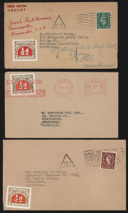 AUSTRALIA: Postal History: CUSTOMS DUTY ISSUES ON COVER: 1947-60s inwards covers including 1947 to Elizabeth Kenny handstamped 'PRESS MATTER/URGENT' from Minneapolis (Sister Kenny Institute) with GB KGVI ½d tied by machine cancel, uncancelled ½d Customs Duty added, addressed to Brisbane, redirected to Sydney; also four early 1960s covers from London to M.Simonson Ltd (Melb.) one with 'EXPORT AID/EXPORT TRADE' meter cancel, all with ½d Customs Duty added. (5 items).