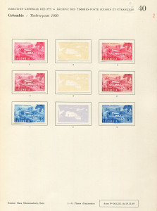 REST OF THE WORLD - Thematics: Agriculture - Proofs: Colombia 1950 Rural Life Courvoisiers' original colour trial printings & completed designs all imperforate and affixed to the official Archival album pages [#40 & 41], dated 19/12/1949 and showing the