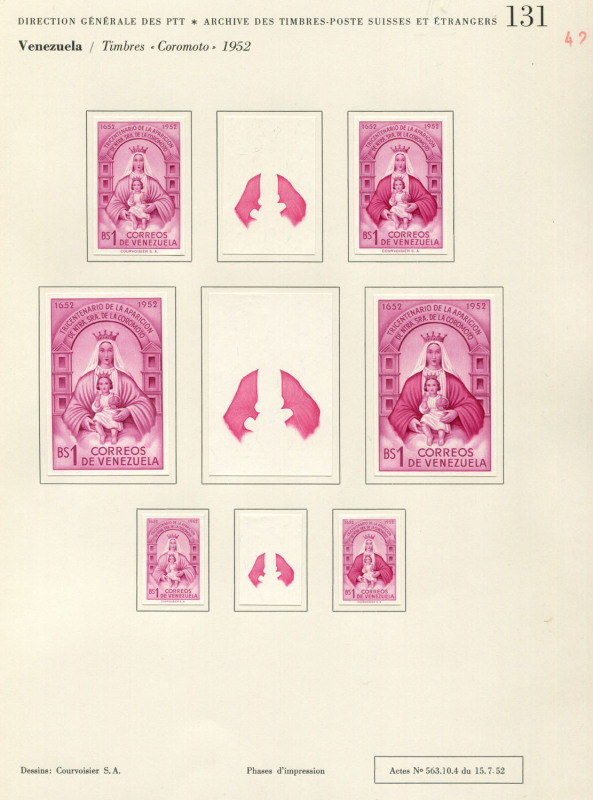 REST OF THE WORLD - Thematics: Religion - Proofs: Venezuela 1952-53 Virgin of Coromoto Issue, Courvoisiers' original colour trials, colour separations and complete designs, all imperforate & affixed to the official Archival album pages [#126, 127, 128,