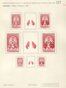REST OF THE WORLD - Thematics: Religion - Proofs: Venezuela 1952-53 Virgin of Coromoto Issue, Courvoisiers' original colour trials, colour separations and complete designs, all imperforate & affixed to the official Archival album pages [#126, 127, 128, - 9
