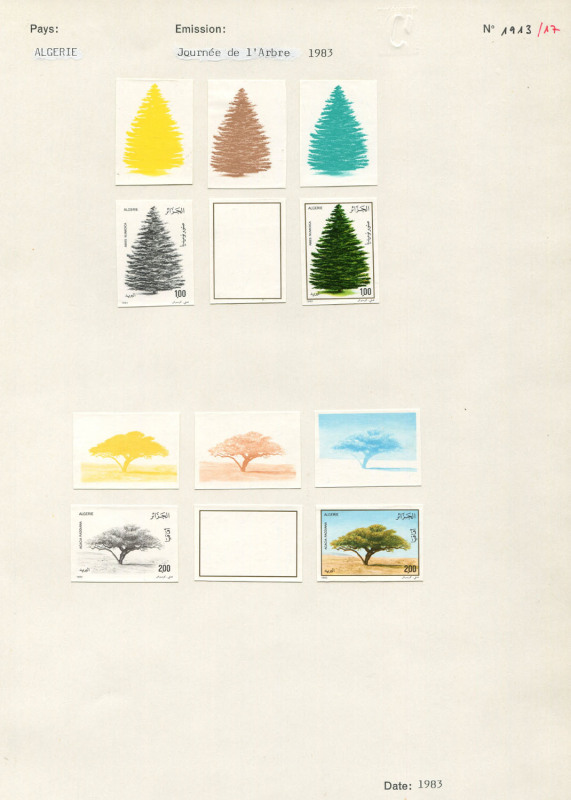 REST OF THE WORLD - Thematics: Trees - Proofs: Algeria 1983 World Tree Day Courvoisiers' original colour separations & completed designs (not in issued denominations), all imperforate and affixed to the official Archival album page [#1913], dated 1983.