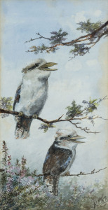 ARTIST UNKNOWN, Kookaburras, watercolour, signed lower right (illegible), ​50 x 25cm