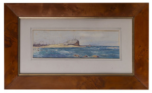 JACK SALVANA (1873-1956), The Nobbys, Newcastle, watercolour, signed lower right "J. Salvana '32", huon pine frame, 12 x 36cm, frame 36 x 59.5cm