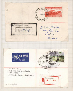 PAPUA NEW GUINEA: POSTMARKS: 'K' to 'P' range on 1950s-80s covers, some registered incl. Kainantu, Kawito, Kerowagi, Koroba, Kundiawa (with 'Kundiawa' handstamp on 'Kundiava' registration label), Kwalakessi, Lese, Lombrum (2), Malanbunga, Malahang, Menyamya & Milfordhaven; unregistered items include Laiagam, Marshall Lagoon & Moem Barracks (in green); generally fine quality of datestamp strikes. (68 covers).