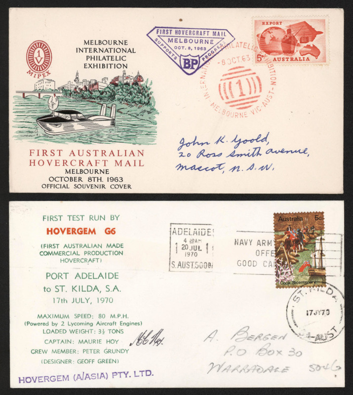 AUSTRALIA: Aerophilately & Flight Covers: HOVERCRAFT MAILS: 1963 - 1977 collection on annotated pages together with a copy of the listing from an earlier edition of the AAMC. Comprises 16 covers/cards/aerogrammes plus various other items. (22 items in to