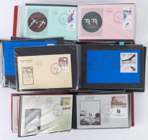 ISRAEL: MAXIMUM (SIMON) CARDS: 1976-1987 Collection in three albums, predominantly tabbed issues (300 approx); also 1976-88 commemorative cancels on plain Postes D'Israel covers, usually single stamp frankings; generally fine. Thematically appealing. (700+)