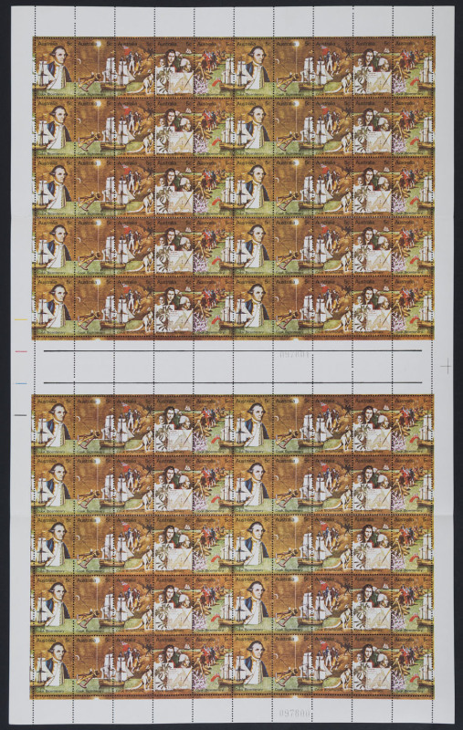 AUSTRALIA: Decimal Issues: 1970 (SG.459-465) Cook Bicentenary hoard comprising 5c complete sheets of 100 (5), 30c complete sheets of 40 (2) plus half sheet; also imperforate miniature sheets (100), MUH. (108 items)