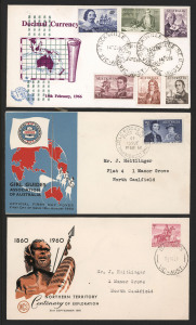 REST OF THE WORLD - General & Miscellaneous Lots: Eclectic assortment with FDCs hinged into ledger album including Australian pre-decimal array, plus decimal Navigators, AAT 1959 Pictorials, Norfolk Is. 1947 ½d to 1/- Ball Bay registered, 1950s Hungary, also a Gilbert & Ellice 1953 Coronation registered FDC underpaid with Australia 6d & 3d Dues pairs added; stamps with modest collections in album or on ledger pages, duplicates in packets, envelopes & stockbooks; also COINS incl. Australia 1937