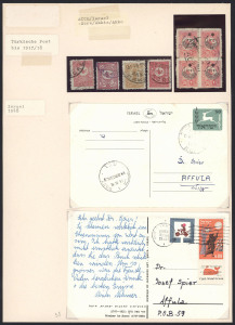 ISRAEL - Postal History: 1900-1960s collection on album pages; noted several AKKO or ACRE postmarks on Turkish era stamps; AFULA postmark study on covers and cards and pieces from 1919, many registered; also, BETHLEHEM (Jordanian & Israeli covers; early 
