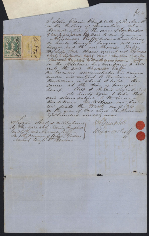 QUEENSLAND: Revenues: STAMP DUTY: 1865-91 Brisbane Gas Company share transfer certificates (10) mostly with Stamp Duty issues attached including 1865 (2) with Large Format 10/- & 5/- yellow or Large Format 10/- & 2/6d, 1872 with Large Format 2/6d (2), 18