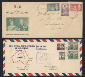 AUSTRALIA: Other Pre-Decimals: FIRST DAY COVERS: pre-decimal selection with more unusual private producer cachets for 1946 Mitchell, 1946 Peace (produced by Kingston),1953 Coronation, 1954 Royal Visit (long cover); also a few flight covers, 1959 ECAFE Conference souvenir cover, signed by delegate and Norfolk Island 1947 registered FDC with ½d to 2/- Ball Bay set; some condition issues so inspection advised. (38 covers).