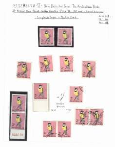 AUSTRALIA: Other Pre-Decimals: 1960-1965 semi-specialised array of issues, majority mint including a few varieties/retouches incl. 1965 2/- Bird "Broken Branch" BW:418d mint & used (2, one in block of 4), 2/6d Bird sheet number strip of 4 with "Green line under 'AUST' of AUSTRALIA'" BW: 421zc, also Helecon papers, plus Autotron, imprint or sheet value multiples; condition variable. Worthy of inspection. (500+)