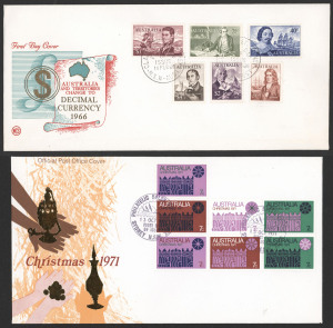 AUSTRALIA: Decimal Issues: FIRST DAY COVERS: 1966-1977 collection of unaddressed FDCs including 1966 Definitives 1c to $4 Navigators on three covers (each with filing fold at base), 1971 Christmas 7c block of 7, 1974 Paintings $1, $2 & $4; covers are mostly WCS, Excelsior, Royal or Australia Post 'Official Post Office Cover' types; odd condition issue, generally fine/very fine. (150+)