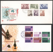 AUSTRALIA: Decimal Issues: FIRST DAY COVERS: 1966-1977 collection of unaddressed FDCs including 1966 Definitives 1c to $4 Navigators on three covers (each with filing fold at base), 1971 Christmas 7c block of 7, 1974 Paintings $1, $2 & $4; covers are mos