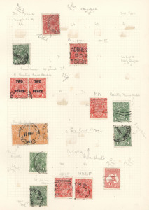 AUSTRALIA: General & Miscellaneous: 1913-70s fragmentary array in two albums with Roos to 5/- SMult & CofA, KGV Heads to 5d with some varieties incl. 4d orange "'PE'Joined", "White flaw behind emu's leg", "Line through 'FOUR PENCE'" (Cat. $175) and "Thin 'FOUR'" (in a perf 'OS' pair, BW:110(2)ea, Cat.$200+); also few New Zealand with perforated 2d blue & 3d lilac FFQs & few Hawaii with 1875 12c black; likely postmark interest, mixed condition. (few 100s)