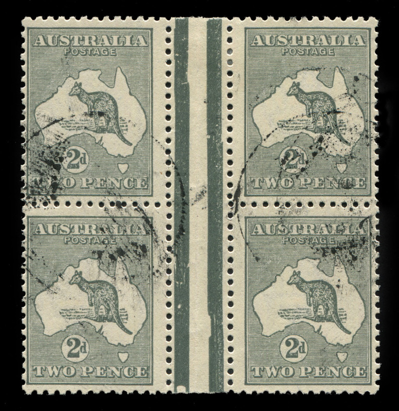 AUSTRALIA: Kangaroos - Third Watermark: 2d Silver Grey (Die 2A) interpanneau blk.(4) commercially used. A must unusual multiple.
