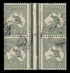 AUSTRALIA: Kangaroos - Third Watermark: 2d Silver Grey (Die 2A) interpanneau blk.(4) commercially used. A must unusual multiple.