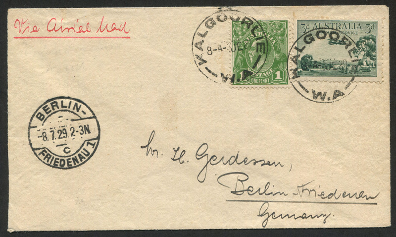 AUSTRALIA: Aerophilately & Flight Covers: 11 June 1929 (AAMC.139) cover to Germany with 3d Airmail & 1d KGV tied by 'KALGOORLIE/8JE29' datestamps, utilising the Perth-Adelaide flight departing Jun.11, flown by Chater & Heath, thence travelling by surface