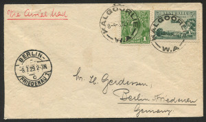 AUSTRALIA: Aerophilately & Flight Covers: 11 June 1929 (AAMC.139) cover to Germany with 3d Airmail & 1d KGV tied by 'KALGOORLIE/8JE29' datestamps, utilising the Perth-Adelaide flight departing Jun.11, flown by Chater & Heath, thence travelling by surface mail to destination, very fine 'BERLIN/8/7/29' arrival datestamp.