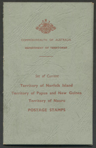 AUSTRALIAN TERRITORIES: c.1964 Australian Territories Collectors Set in Department of Territories grey folder with printer's imprint 'C.2604/56', mostly CTO comprising Norfolk Is. (18, incl. 10/- Bird optd 'SPECIMEN'); PNG (11, various issues incl. 10/- Rabaul & £1 Queen optd 'SPECIMEN'); Christmas Is. (10, 1963 Pictorial set to $1); Nauru (11, comprising 1954 Pictorials to 5/-); fine condition. (50)