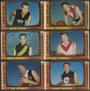 1967 SCANLENS "Footballers" [approx 50/72, plus a few duplicates] incl. Bob Skilton, Ted Whitten, John ("Sam") Newman (2), Des Tuddenham, Len Thompson, Ron Barassi, & Graham "Polly" Farmer (2, one creased); many cards trimmed/creased, generally Fair. (69)