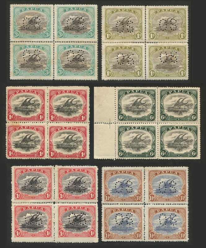 PAPUA: 1910-30 blocks of 4 comprising 1910-11 1d black & carmine (tone patch at left) & 6d black & myrtle-green marginal block (perf separations) 1930 perf 'OS' 1d, 1½d, 3d & 1/-, with gum tone on the two higher values. Scarce multiples, Cat. £1280+. (6