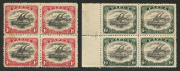 PAPUA: 1910-30 blocks of 4 comprising 1910-11 1d black & carmine (tone patch at left) & 6d black & myrtle-green marginal block (perf separations) 1930 perf 'OS' 1d, 1&frac12;d, 3d & 1/-, with gum tone on the two higher values. Scarce multiples, Cat. &pound;1280+. (6 - 4